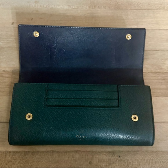 Céline Large Genuine Lambskin Leather Flap Multifunction Green Long Wallet - Picture 8 of 16